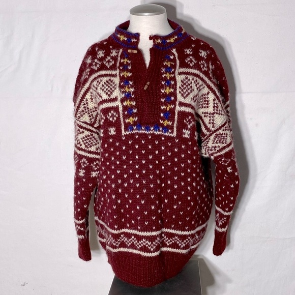 Namaste Woolens Hand Crafted In Nepal Red White Jacquard Knit Sweater L - Picture 1 of 12